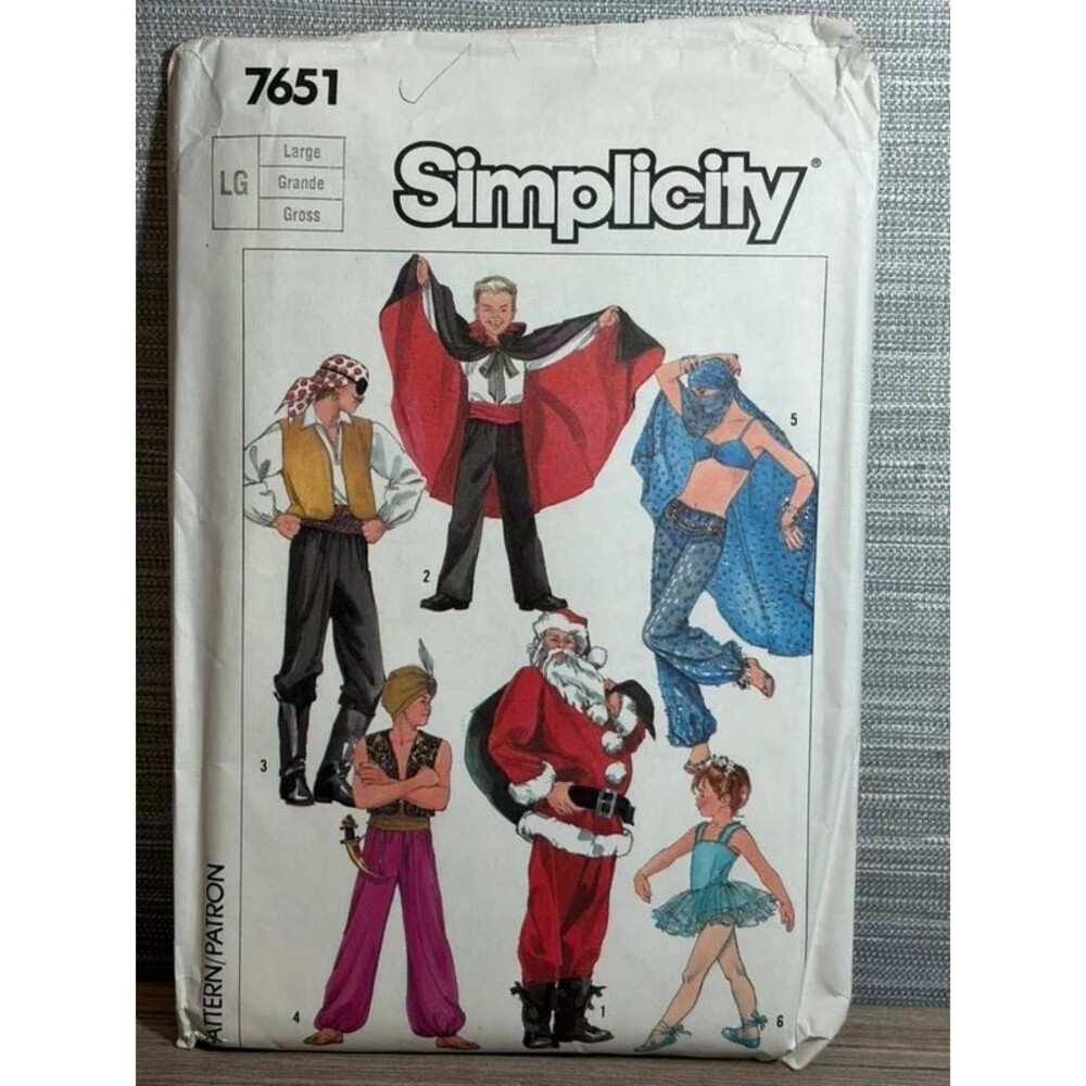 Simplicity 7651 Adult Children Large 26 pc Costume Pattern cape shirt Uncut 1986